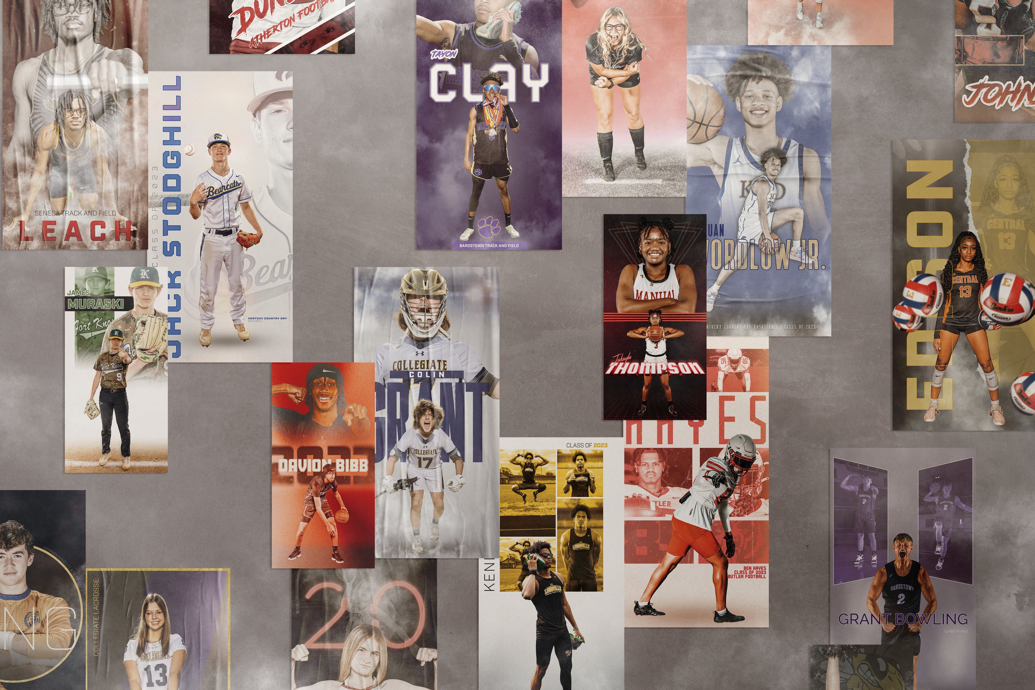 A wall of Red Bolt senior banner designs